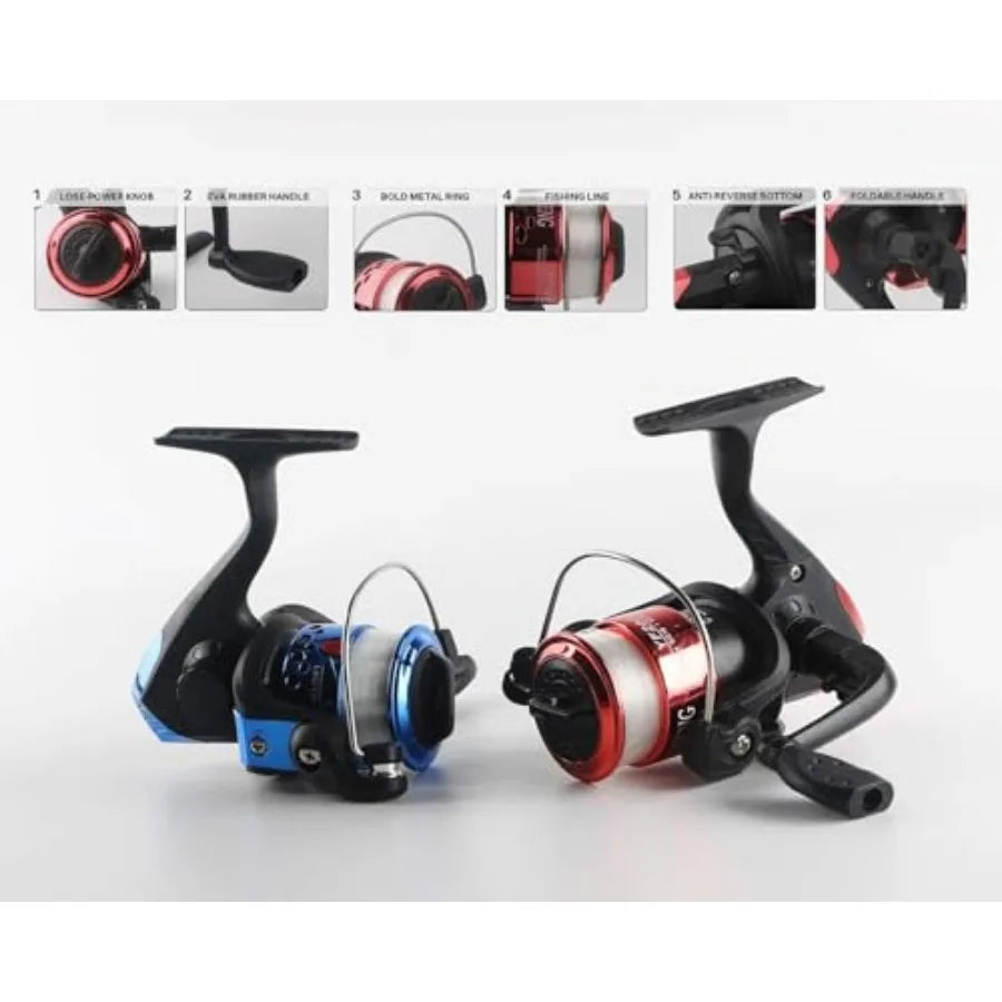 Fishing Rod Reel Combos for Youth: Telescopic Carbon Fiber Rods in Blue, Lightweight Portable with 2 Spinning Reels, Lures, Hoo