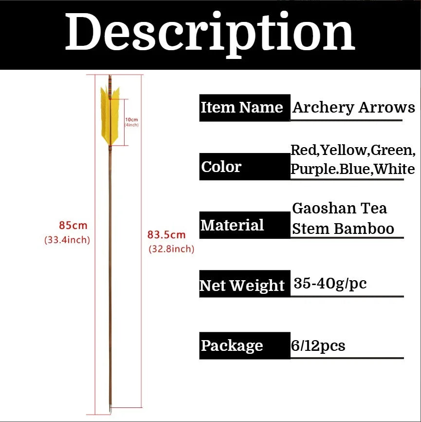 Turkey Feather Bamboo Arrows 6/12pcs 33.4" OD 8mm Slotted Nock Precision Balanced Shaft for Traditional Compound Recurve Bow Hunting Shooting Practice Archery Accessories