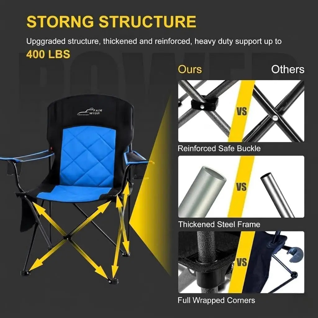 Camping Chair 2 Pack 400LBS Capacity Heavy Duty Padded Portable with Side Pocket & Cup Holder for Outdoor, Beach, Sports