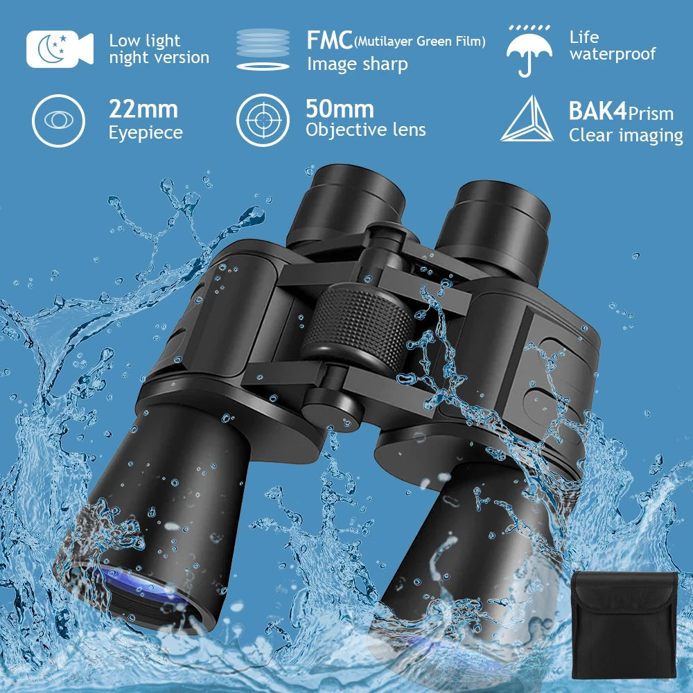 20X50 HD Binoculars BAK4 Prism FMC Green Film Low Light Night Vision Waterproof Portable Telescope with Tripod Interface for Bird Watching Hunting Stargazing Travel