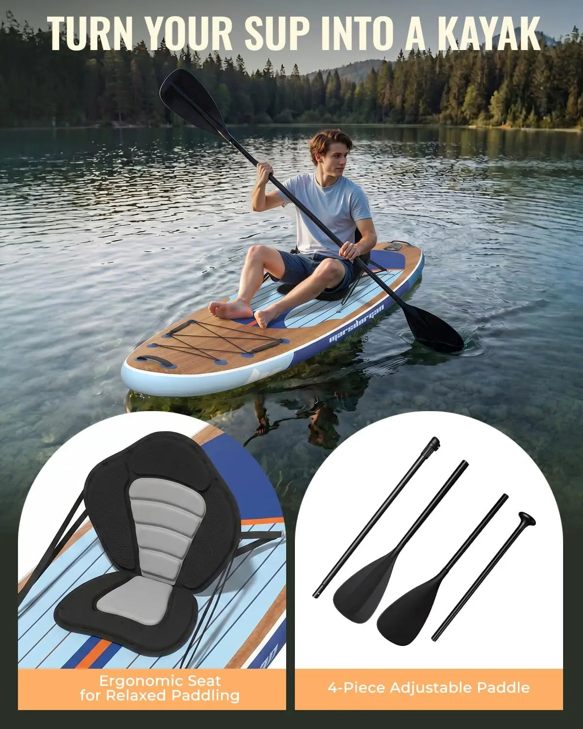 11-Foot by 34-Inch Inflatable Stand Up Paddle Board for Adults and Youth, Extra Wide with Non-Slip Deck and Removable Seat, Stable for 2-3 People, Perfect for Family Water Sports, Includes Premium Accessories