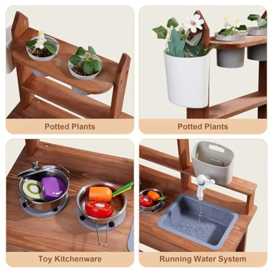 Mud Kitchen for Outdoor Wooden Outdoor Play Kitchen with Sink Faucet Stove and Cooking Accessories Fun Backyard Kitchen Playset