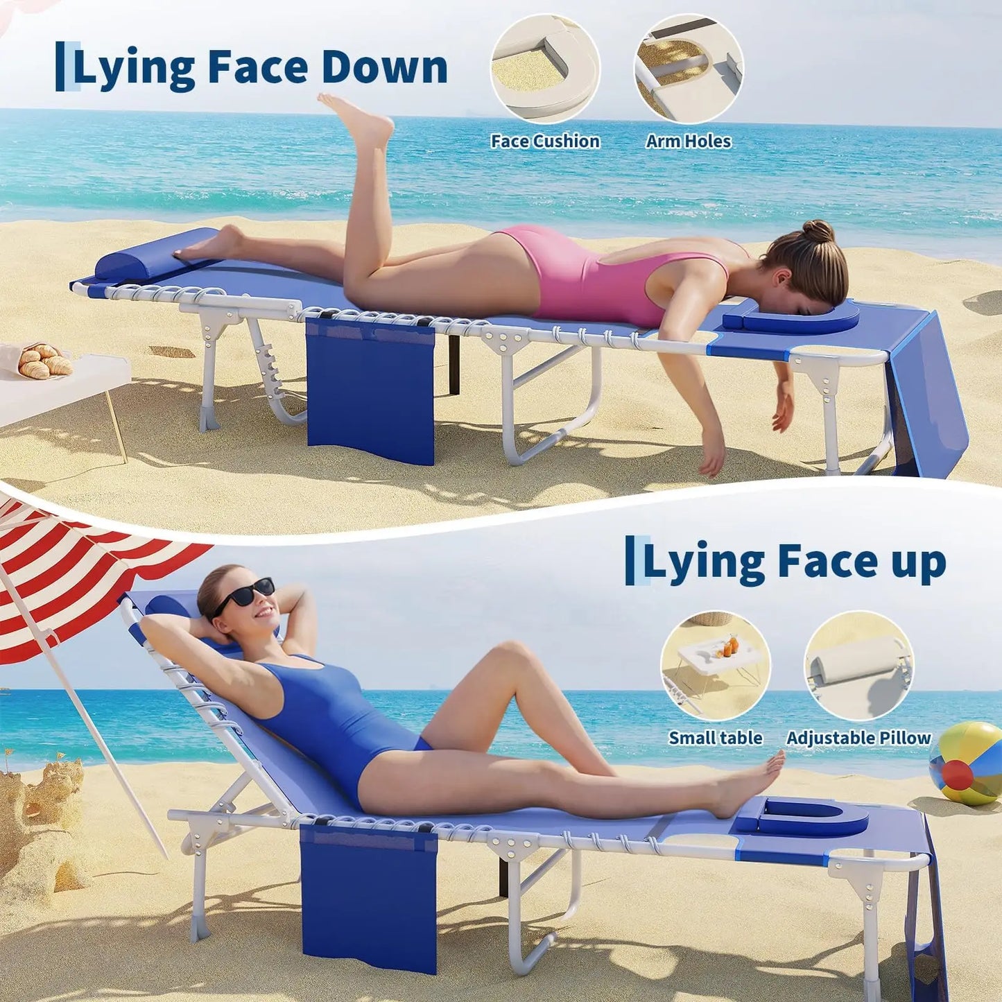 Tanning Chair With Face Hole 3-in-1 Beach Lounge Chair, 5-Position Reclining Outdoor Chaise With Table For Pool Patio Garden Deck