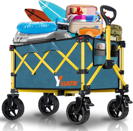 Foldable Wagon Cart with All-Terrain Wheels, 110L Capacity for Shopping, Beach, Camping - Green