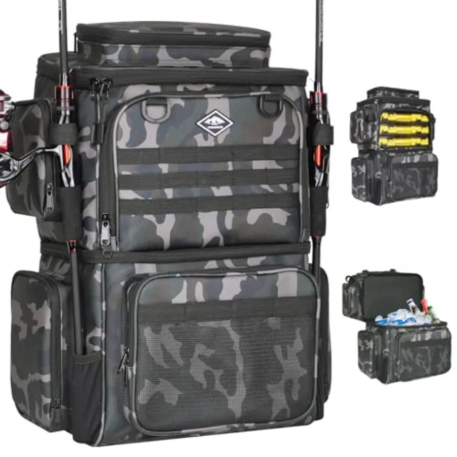 Fishing Tackle Backpack with Cooler Bag 53L Waterproof Fishing Bag with 2 Rod Holders Large Fishing Backpacks with Bottle Holde