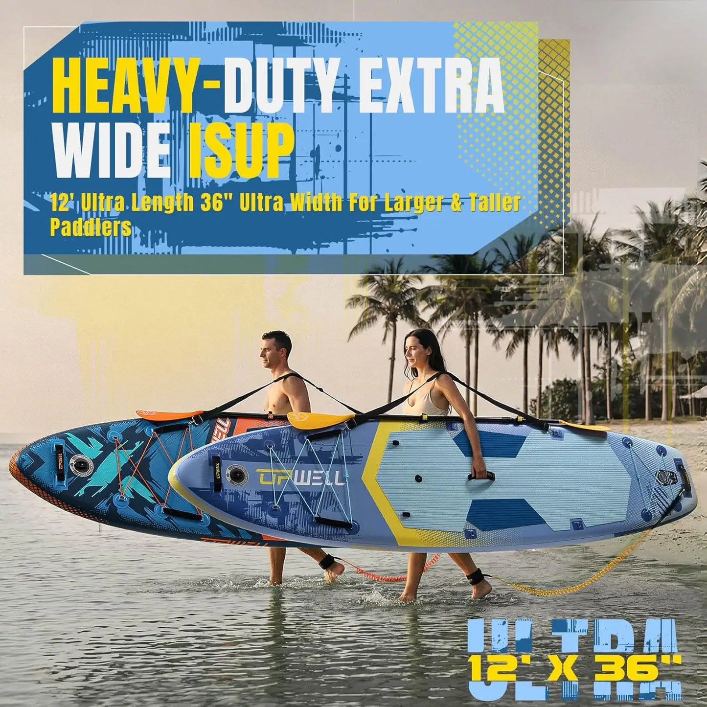 12ft x 36in Wide Inflatable Stand-Up Paddle Board for Adults & Teens, 2+1 Person SUP with Premium Add-Ons: 125L Backpack, Paddle, Leash, Hand Pump, Fins