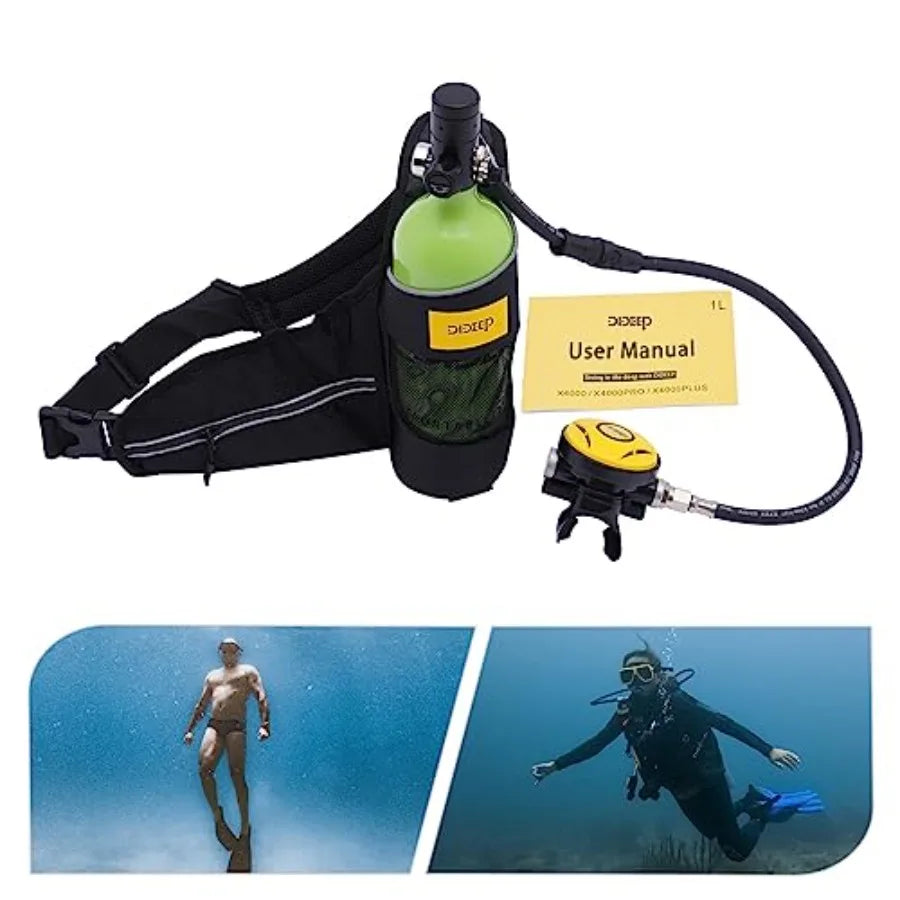 Mini Scuba Tank for snorkeling scuba diving, aluminum alloy, black, 1L capacity, 200Bar refillable, supports 15-20 min underwat