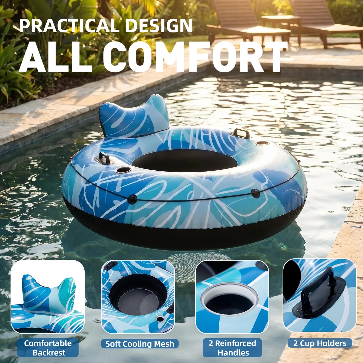 Inflatable River Tubes, Heavy Duty River Raft with Cooler & 2 Cup Holders, Deluxe Pool Float for Lake, Beach, Summer Relaxation