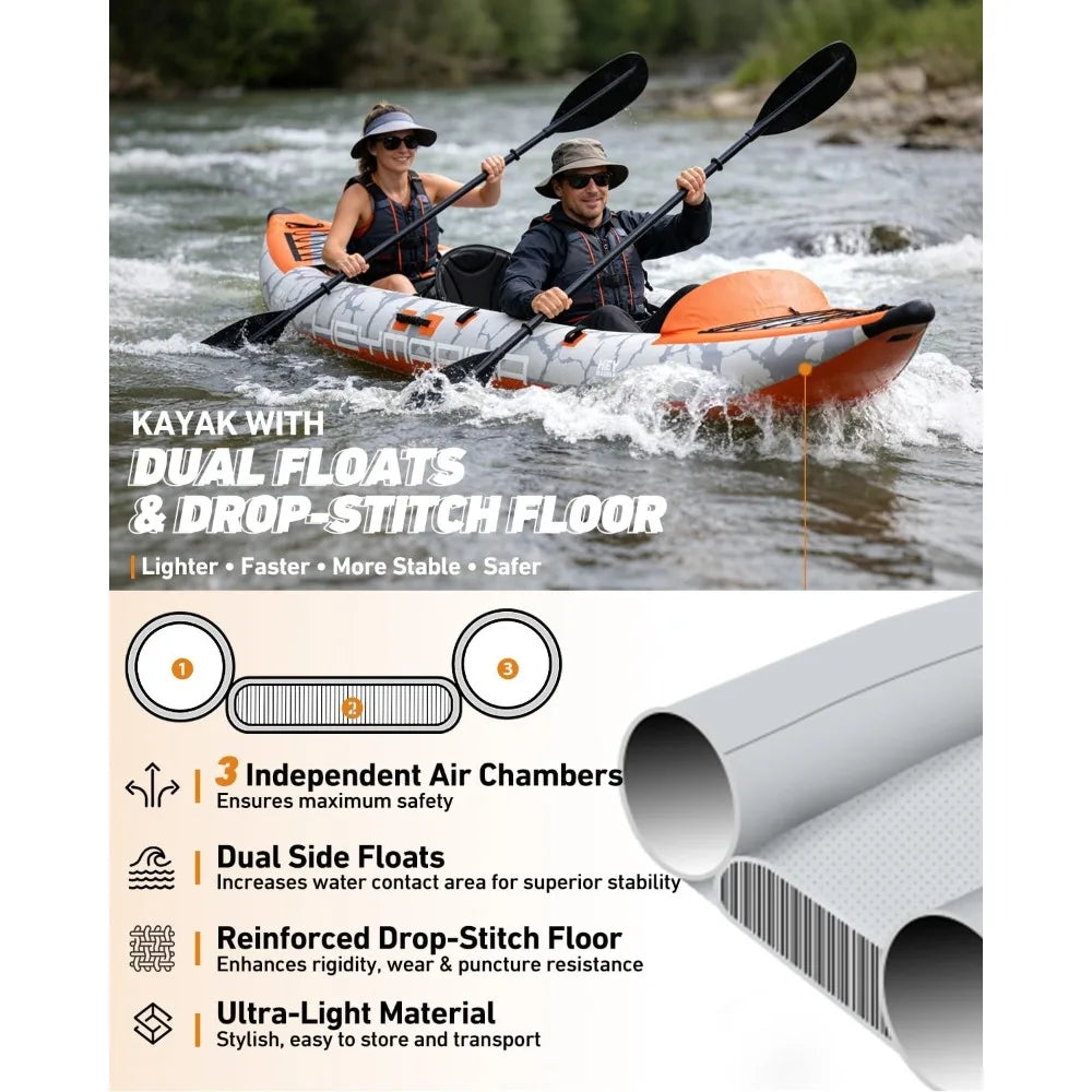 Inflatable Tandem Fishing Kayak for 2 Adults, Portable Touring Canoe with Dual Floats & Drop-Stitch Floor, Custom