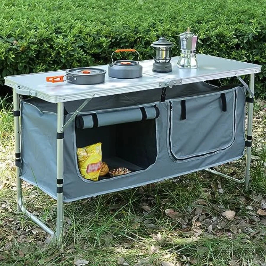Camping Table, Folding Camping Table with Storage, Portable Kitchen Table, Lightweight, 3 Heights Adjustable Camping Furniture