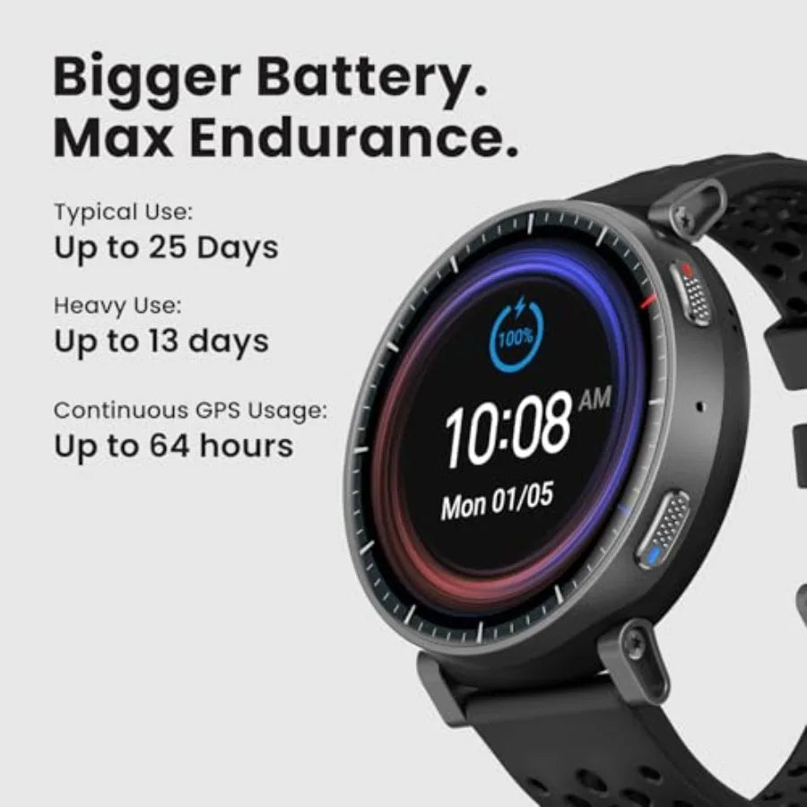 Active Max Smart Watch with 1.5 AMOLED Display Black 25-Day Battery Offline Maps GPS 4GB Storage 170+ Sport Modes 5 ATM Water R