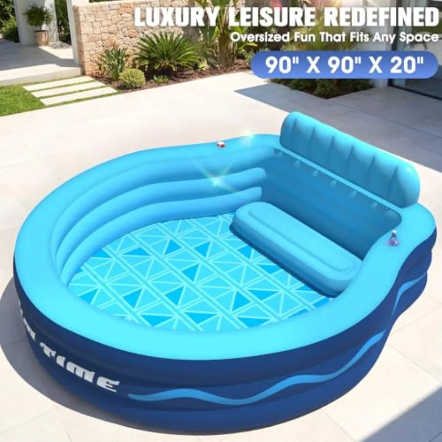 Backyard inflatable pool with seats and headrest for adults, thickened PVC blue material, oversized 90×90×20, durable family lo