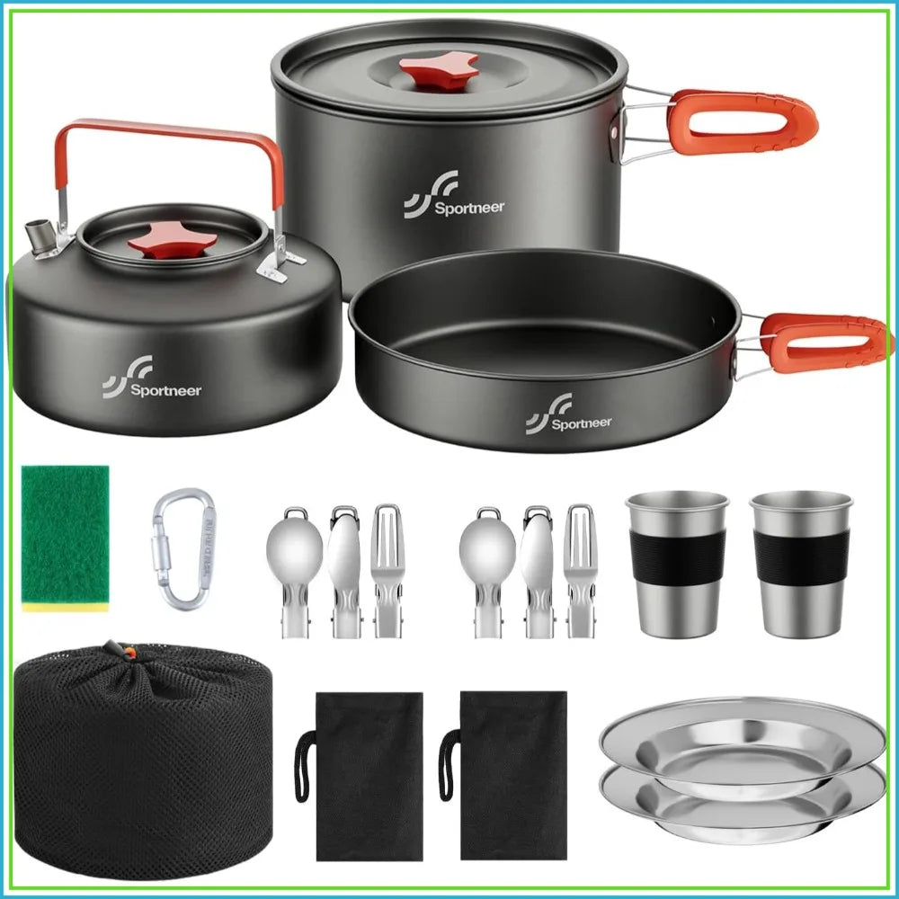 18-Piece Non-Stick Camping Cookware Set, Lightweight Pots & Pan with Kettle, Stainless Steel Cups, Plates & Utensils for Outdoor Cooking, Hiking, Picnic