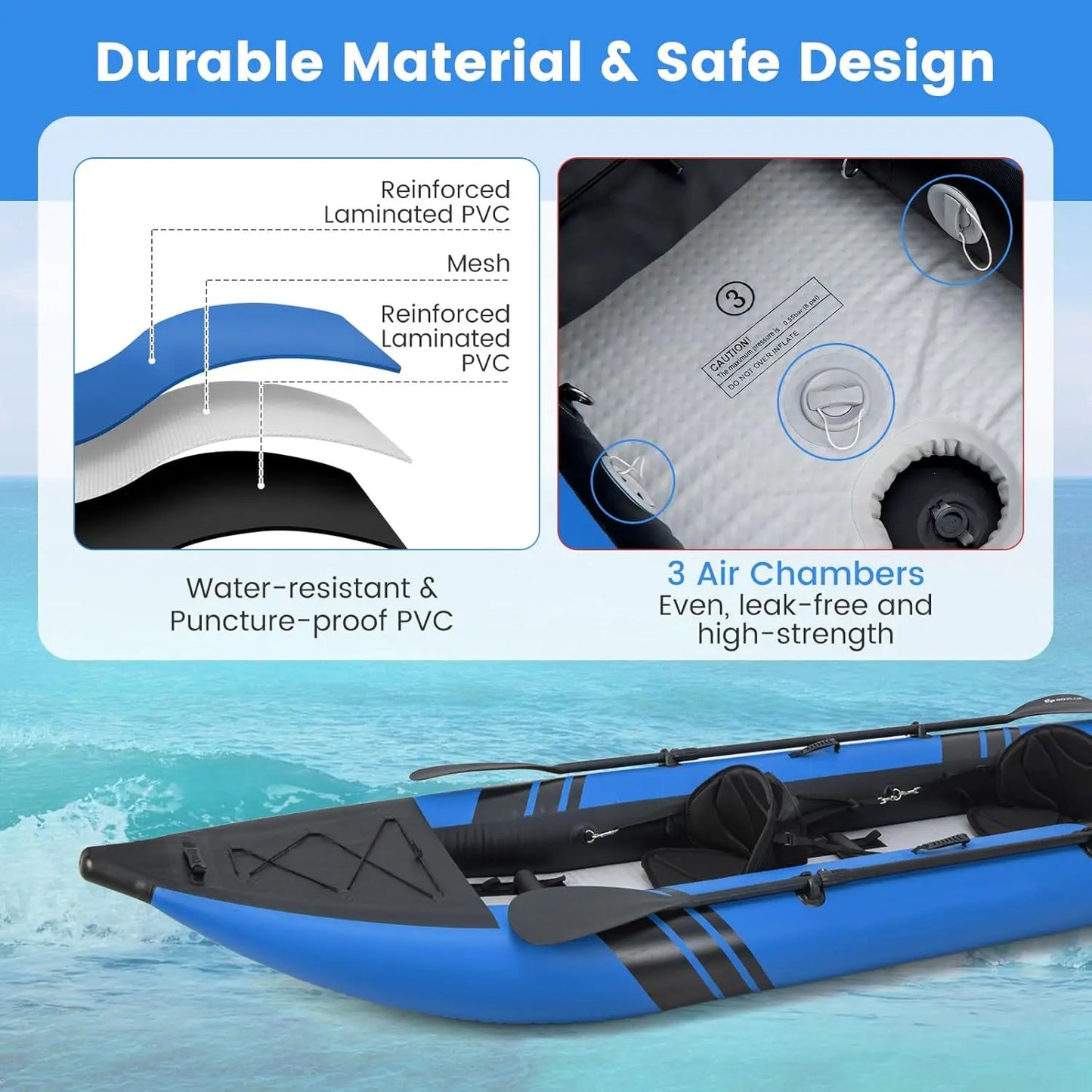 12.5-Foot Inflatable Tandem Kayak for Adults, 507lbs Capacity with 2 Aluminum Paddles, Padded Seats, Footrests, 2 Fins, Hand Pump, Carry Bag & Repair Kit - 2-Person Fishing & Touring Kayak