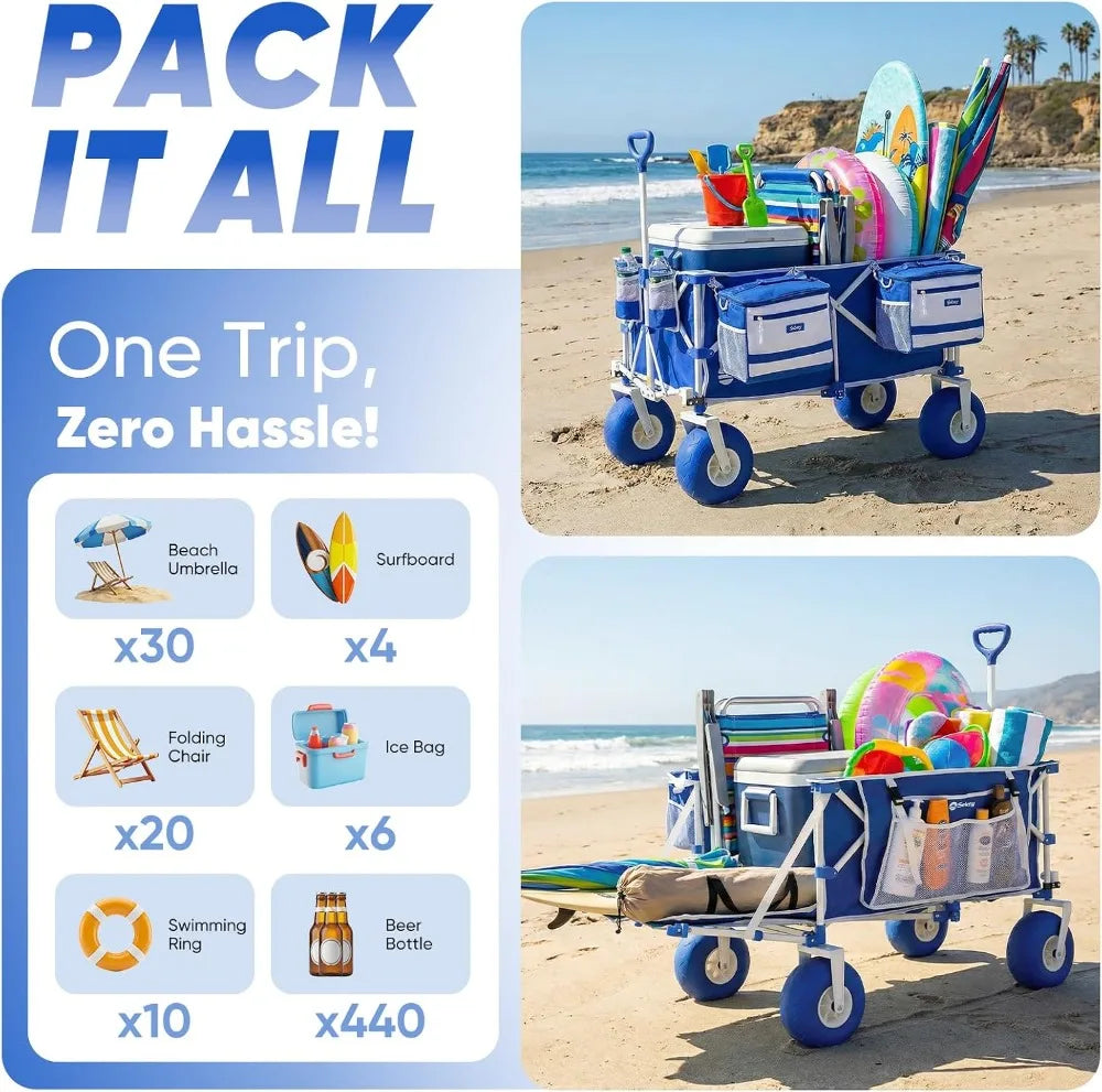 Heavy Duty Beach Wagon with 9" Sand-Proof Wheels, 300L Foldable Cart, Adjustable Handle, Cooler Bag for Camping