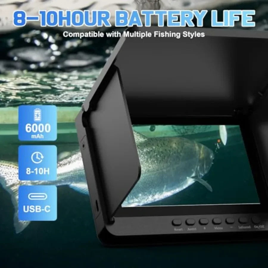 Boat fish finder with 5 IPS display, 1080 HD underwater camera, 220 wide angle, IP68 waterproof housing, 30M depth rating, 8 IR