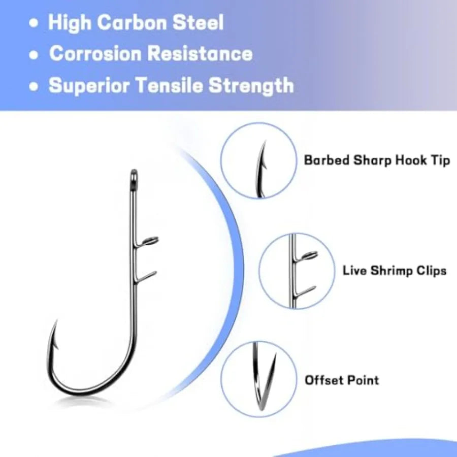 Live Shrimp Fishing Hooks - Premium Carbon Steel, Silver, Barbed Design for Catfish Bass in Freshwater Saltwater