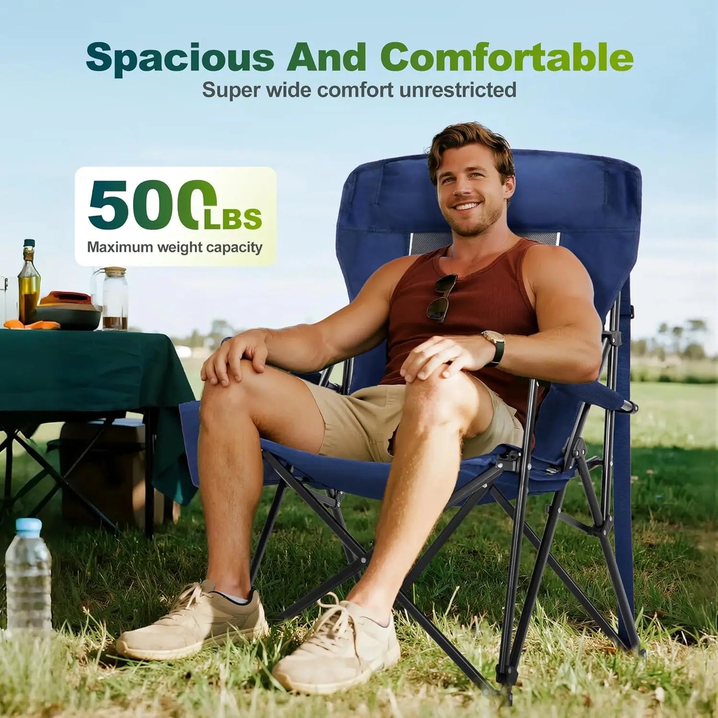Oversized Folding Camping Chair High Back Heavy Duty 500 LBS Capacity with Cup Holder Side Pocket Portable for Outdoor