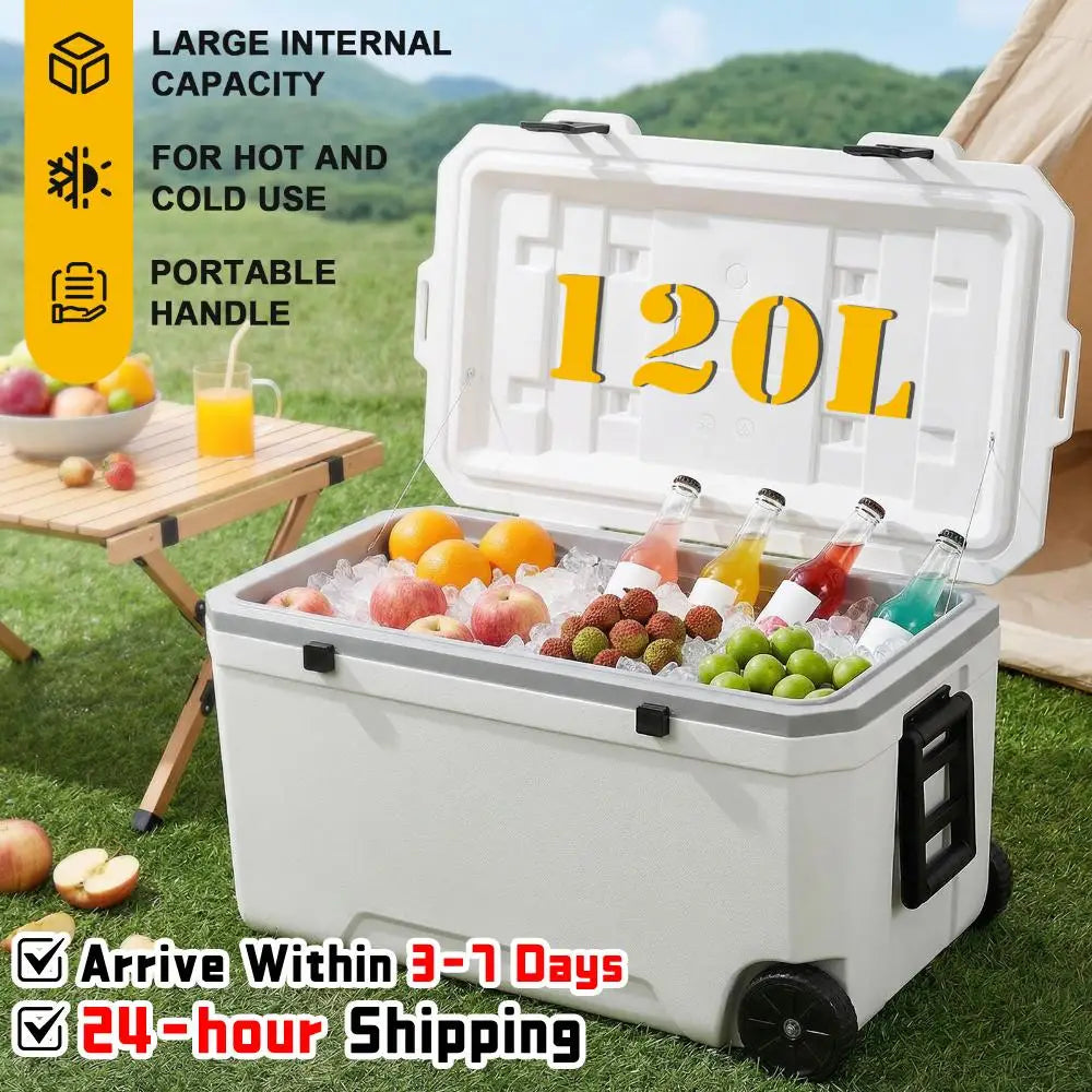 120L Portable Rolling Cooler with Wheels Hard Plastic Rotomolded Cooler Leak-Resistant Large Capacity for Beach/Drink/Beverage