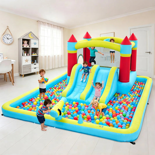 7-in-1 Kids Inflatable Bounce House Water Slide With Splash Pool, Basketball Hoop & 350W Blower, Outdoor Backyard Water Park