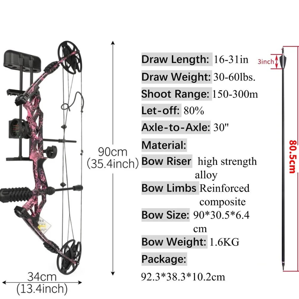 Adjustable Compound Bow with Arrows 30-70lbs 80% Let-off 320FPS High-Strength Alloy Riser for Archery Hunting Shooting Target Practice Outdoor Sports Accessories