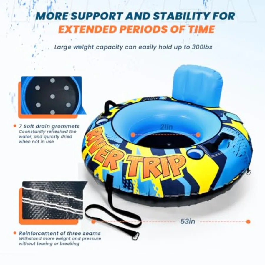 53 Heavy Duty River Tube for Floating Tubing in Pool or Lake Premium Canvas Cover Blue 2 Cup Holders 2 Grip Handles for Adults