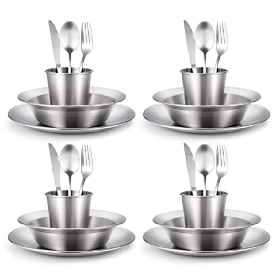 Stainless Steel Camping Mess Kit for Family and Person, Cooking Tableware Utensils with Plates Bowls Forks Spoons Knives and Sa