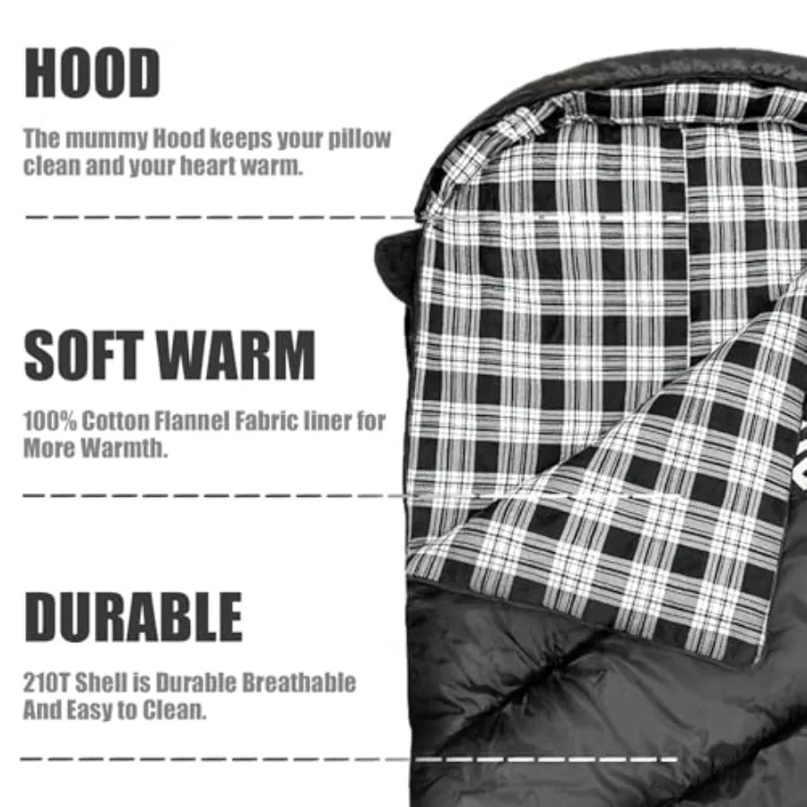 0 Degree Sleeping Bag for Adults - Cotton Flannel 4 Season Cold Weather Winter, XXL Big and Tall Camping Sleeping Bag with Comp