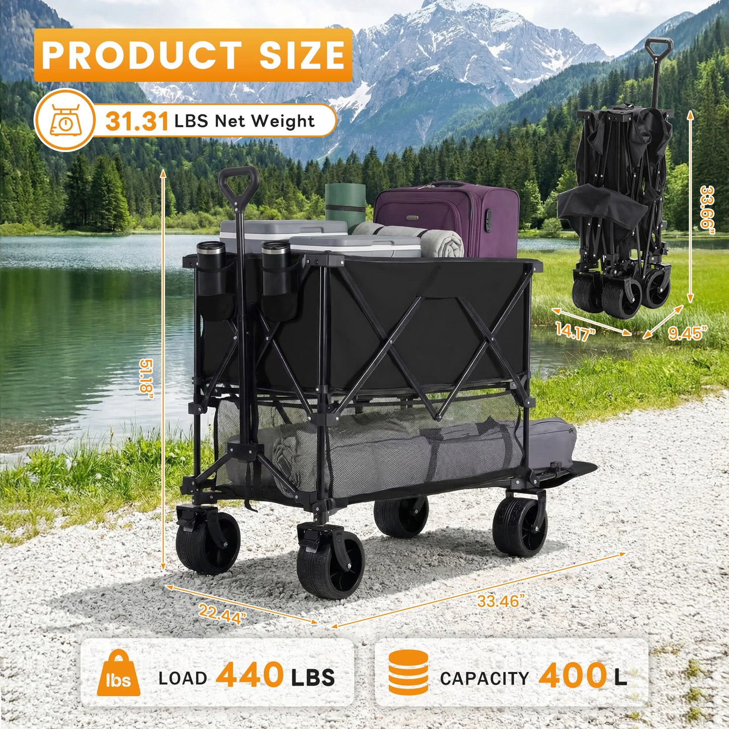 JHK Outdoor Double Decker Wagons Cart 440 lbs Large Capacity Collapsible Foldable Garden Beach Cart for Grocery Garden Camping