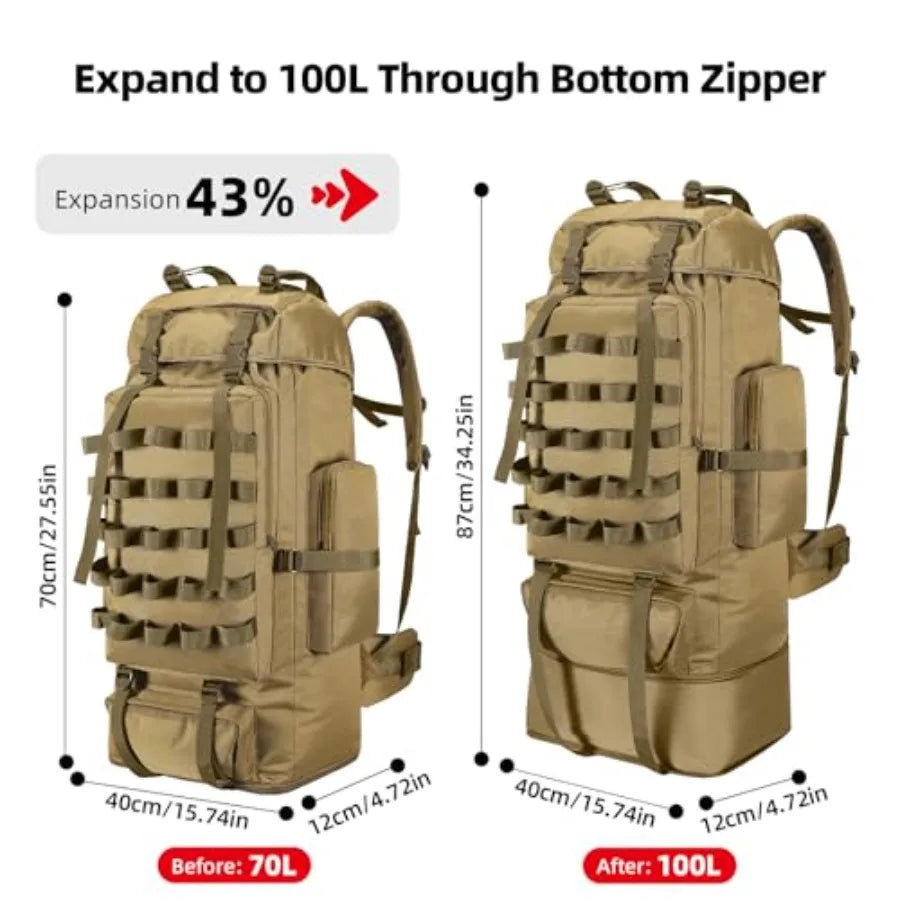 70L/100L Camping Hiking Backpack with Rain Cover, Expandable Large Military Tactical Backpack, Waterproof Molle Racksack Travel