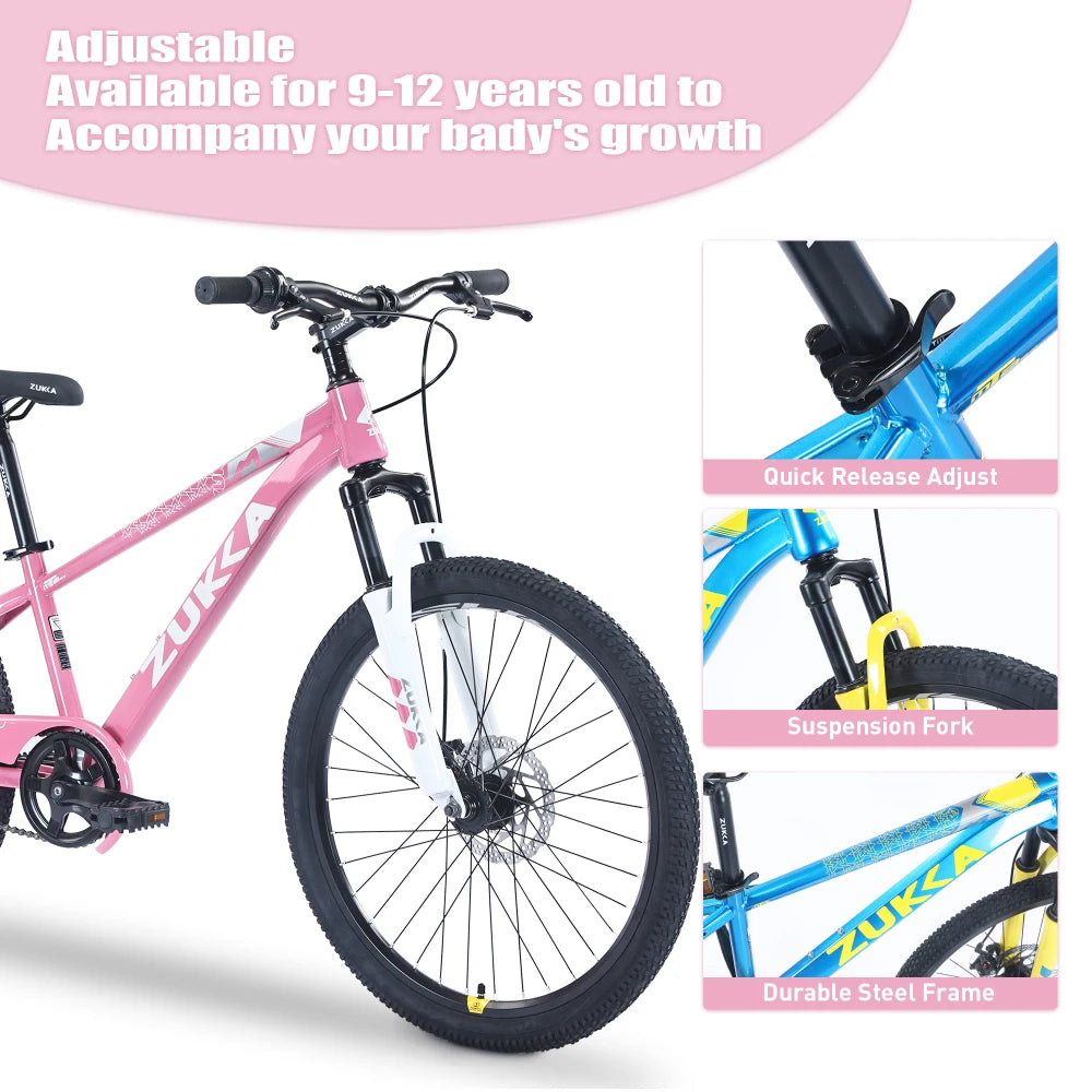 24 Inch Kids MTB Mountain Bike for Boys Girls Ages 9-12, Fit Height 56-66 Inches, Steel Frame Dual Disc Brake, Adjustable Seat Handlebar, Suspension Fork