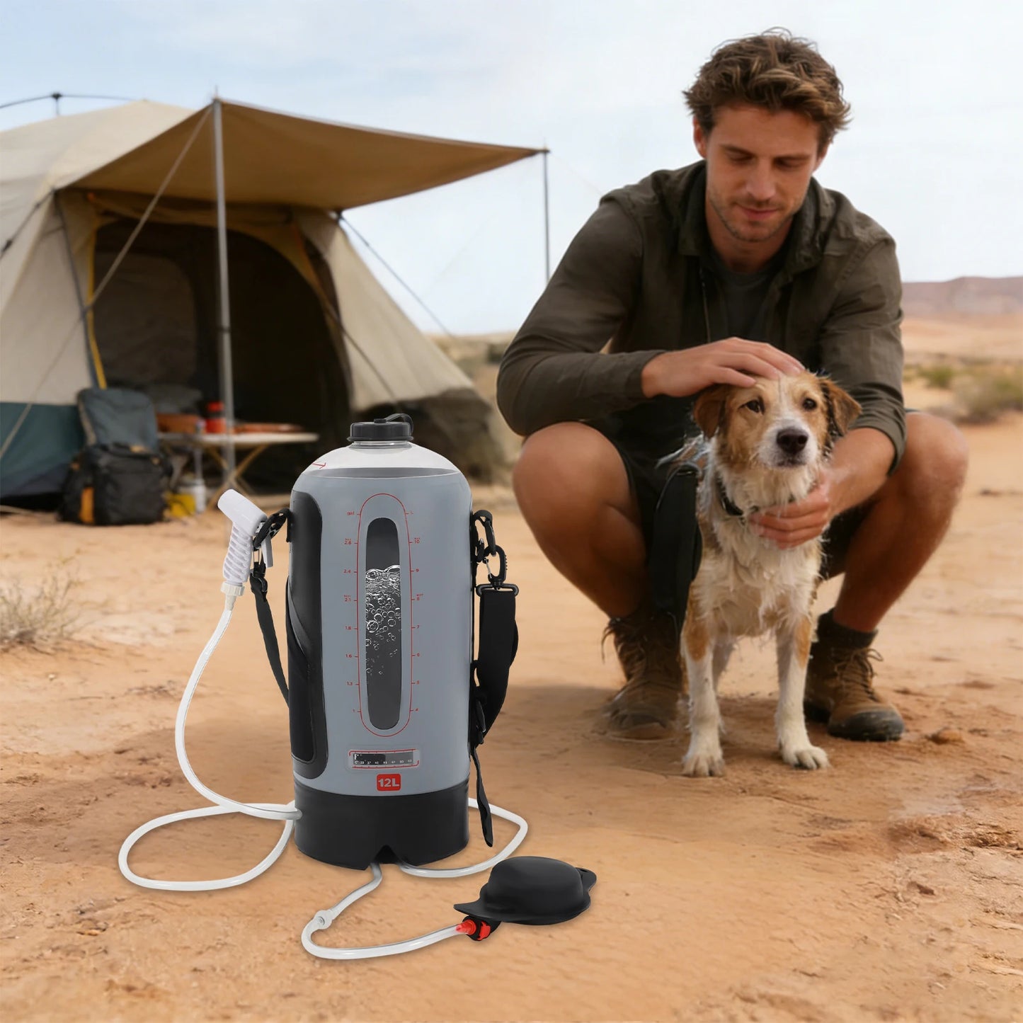 12L Portable Pressure Camp Shower Outdoor Bathing Device with Air Pump for Showering/Washing