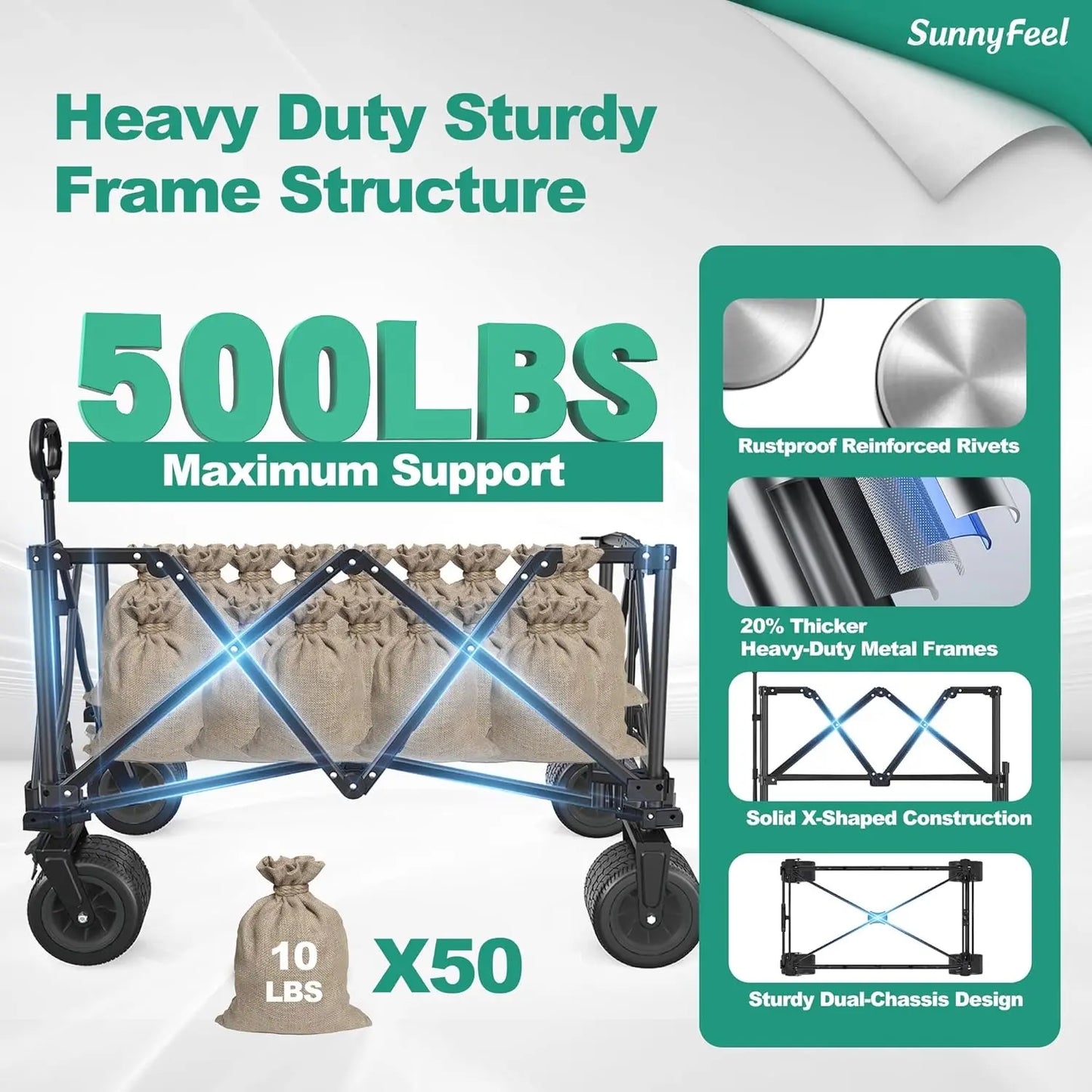 Heavy Duty Collapsible Outdoor Utility Wagon Cart 500LB Capacity Adjustable Handlebar,Foldable Beach Wheels Stable Durable Oxfor