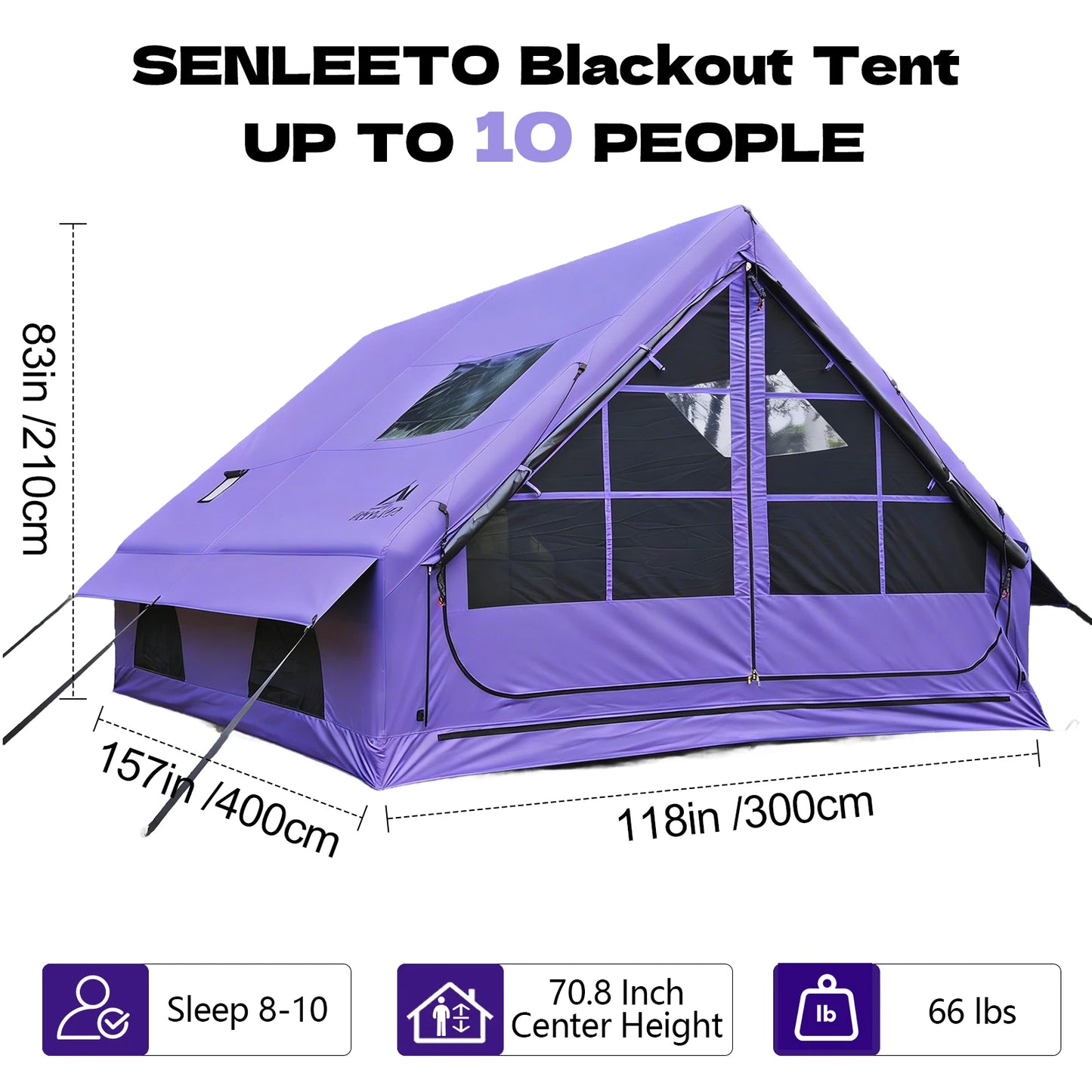 SENLEETO Black-out Inflatable Camping Tent 6-8 Person,Large Sunproof Blow up Tent with Skylight&Mesh Window,Glamping Tent House with Stove Jack AC Vent for Outdoor Camping