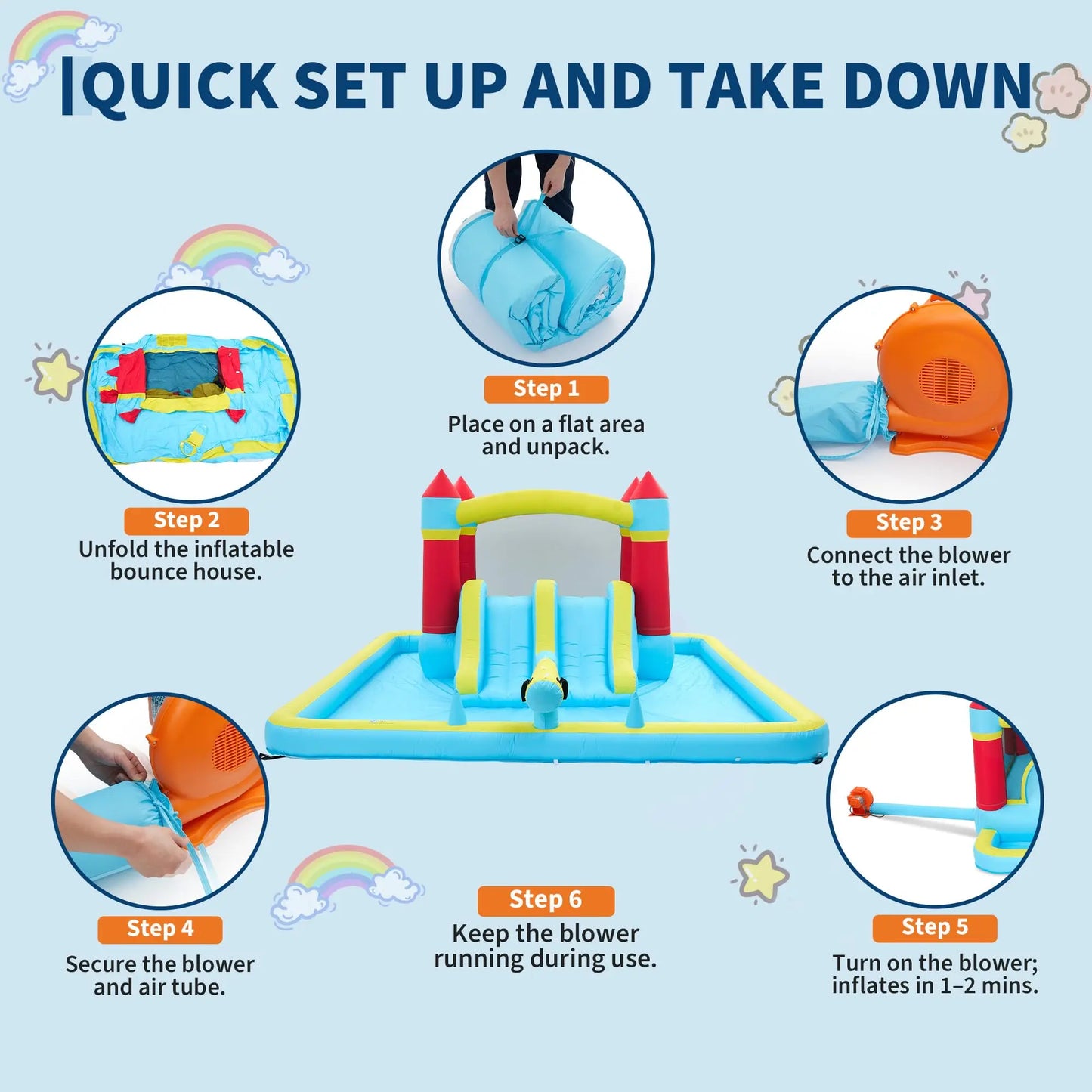 7-in-1 Kids Inflatable Bounce House Water Slide With Splash Pool, Basketball Hoop & 350W Blower, Outdoor Backyard Water Park