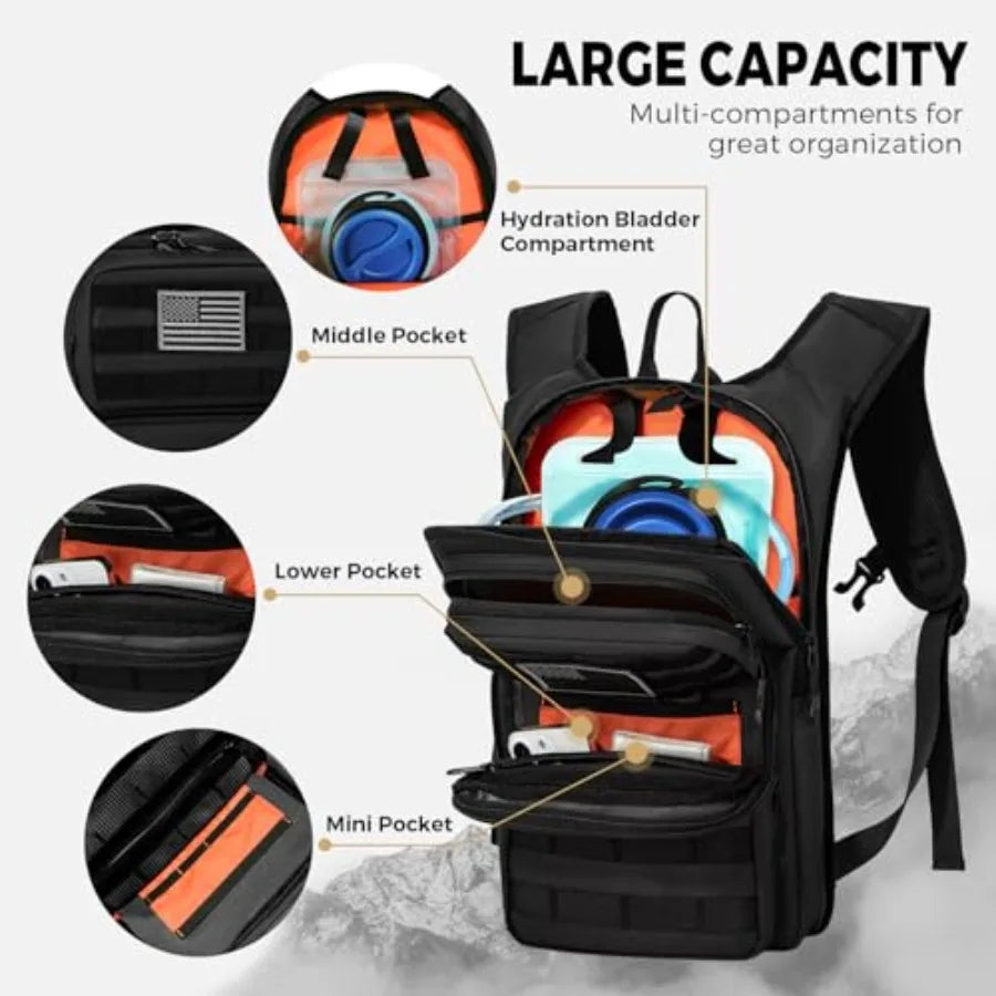 Tactical Hydration Backpack with 2L Water Bladder and Front Small Tactical Pouch, Outdoor Water Backpack for Men Women, Sports
