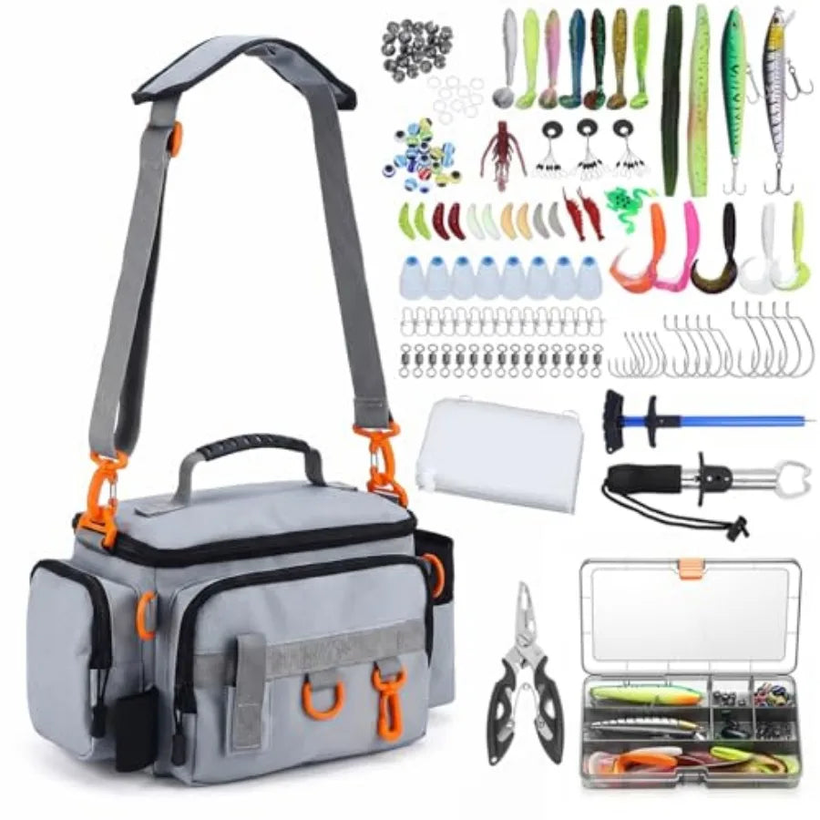 Fishing Tackle Bags with Tackle Box, Waterproof, Padded Shoulder Strap, Gear Storage, Fish Bag with 136 Pcs Fishing Lures Kit,