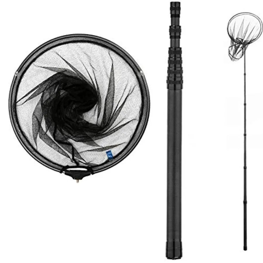 Fishing net for landing and crabbing, carbon fiber telescoping handle, black, extra long 9ft/11.15ft, rubber coated netting, ho