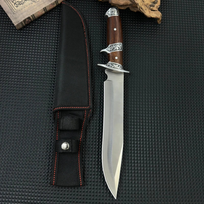 Wood handle with fixed blade, tool steel blade, including sheath, camping knife, outdoor survival tool, safety guard hand
