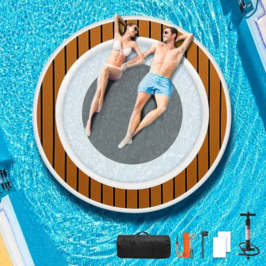 W_Inflatable Floating Water Hammock, 8ft/10ft Round Floating Ring for Adults Kids with Mesh, 6 inch Thick Floating Platform