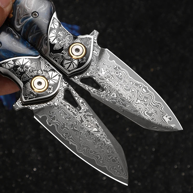 High-Quality Men's and Women's Folding Pocket Knife, Damascus Steel Pocket Knife, Wooden Handle, Camping Survival Adventure EDC