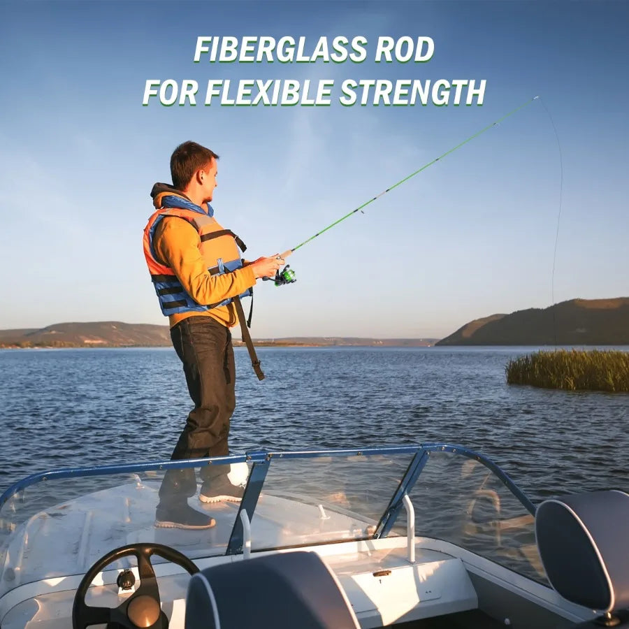 Fishing rod and reel combo for freshwater angling, graphite construction, green color, lightweight and sensitive design