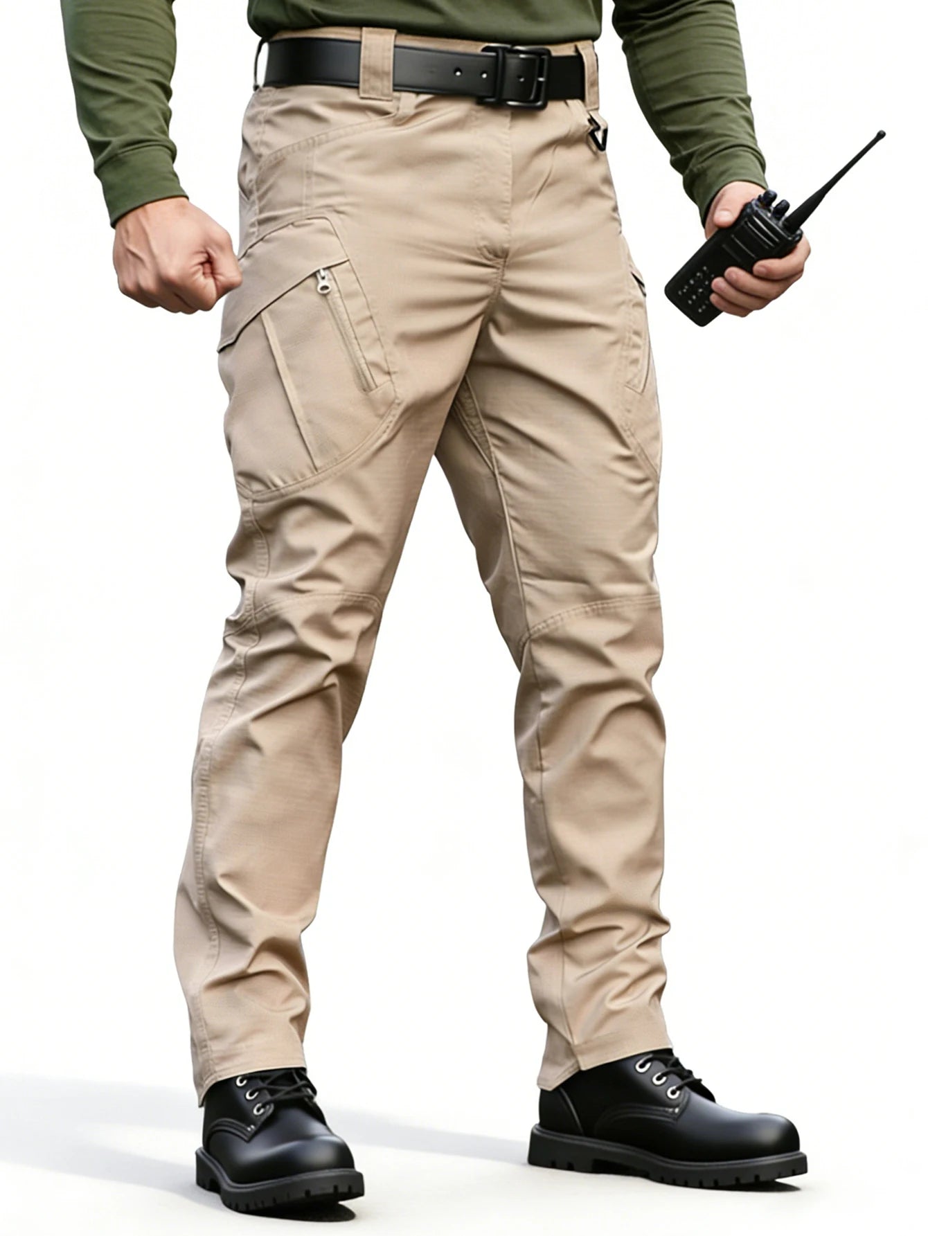 Khaki Tactical Cargo Work Pants for Men, Durable Ripstop Multi Pocket Outdoor Hiking Pants, Water Resistant Utility Trousers