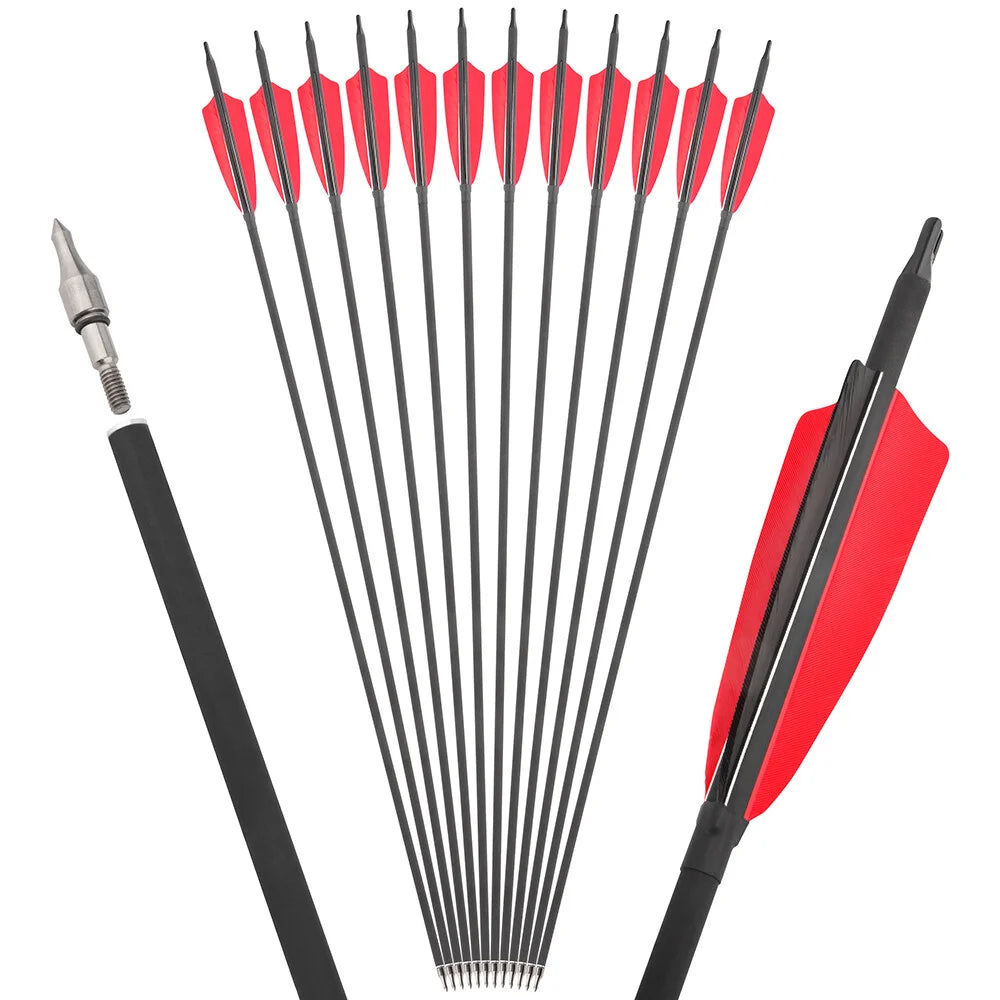 Archery Carbon Arrows 12pcs Spine 500 ID6.2mm OD7.8mm 100 Grain Points 4 Inch Turkey Vanes for Compound Bow Shooting