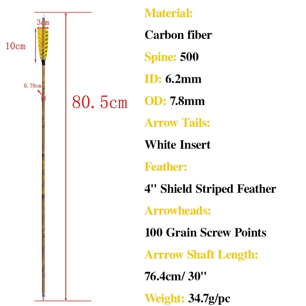 12pcs Archery Arrows 31.5 Inch Spine 500 Mixed Carbon with 4 Inch Turkey Feathers 100 Grain Tips for Compound Recurve Bow Outdoor Hunting