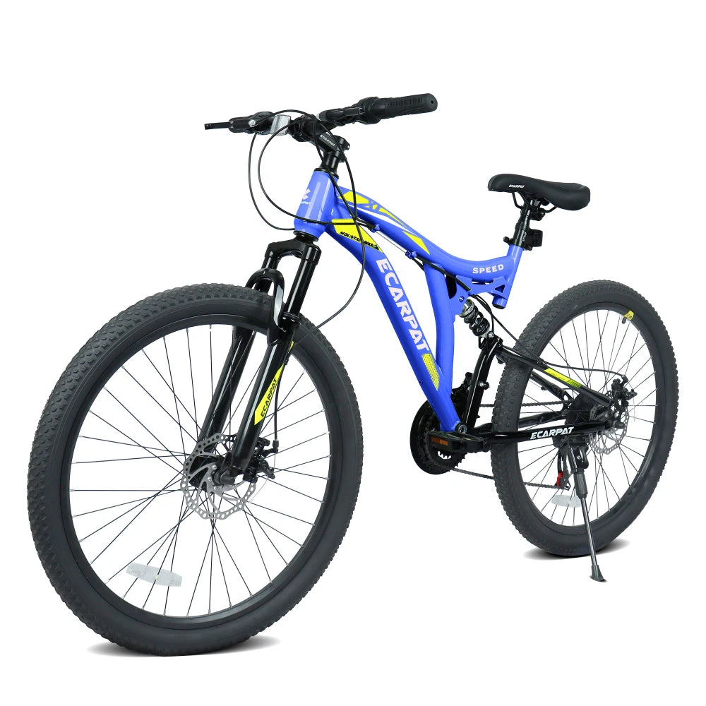Ye A26003 26-Inch 21-Speed Full Suspension Mountain Bike with Steel Frame, Alloy Rims, Disc Brakes for All Terrains, Suitable Men & Women, Multiple Colors