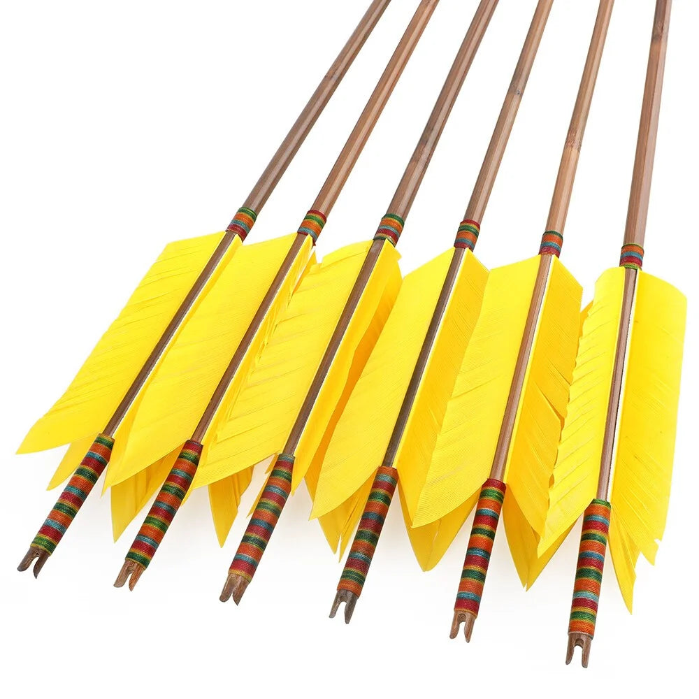 Bamboo Arrows 12pcs 33.4" OD 8mm with 4" Turkey Feather Slotted Nock 6 Color Archery Arrows for Traditional Longbow Compound Recurve Bow Hunting Shooting Target Practice Accessories