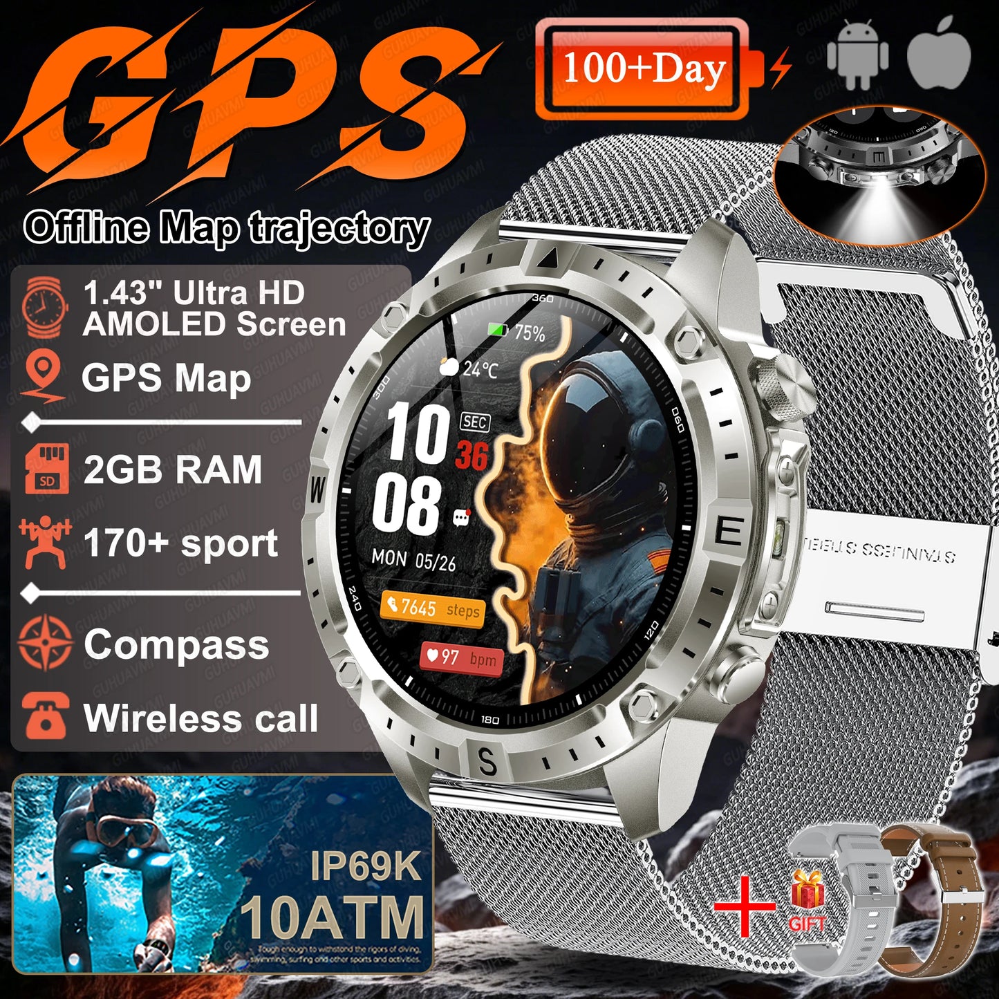 2026 NEW Outdoors Offline Map GPS Smart Watch L1+L2 Dual Band GPS Compass Cycling Run Swim Heart Rate 10ATM Military Smartwatchs