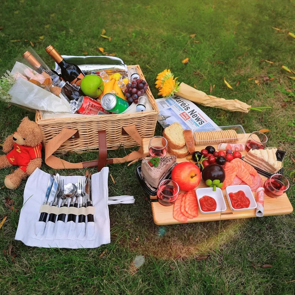 Wicker Picnic Basket Set for Four with Folding Wine Table Insulated Cooler and Cutlery Kit