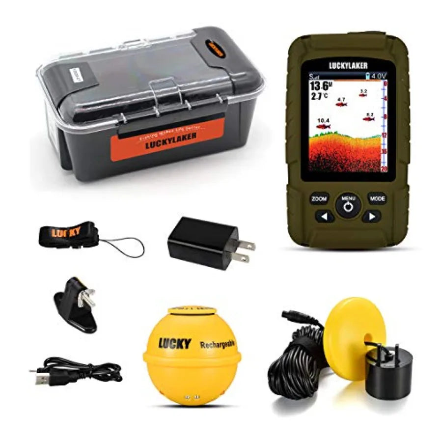 Ice fishing, sea fishing, kayak: wireless handheld fish finder with wired transducer, waterproof portable sonar depth sensor in